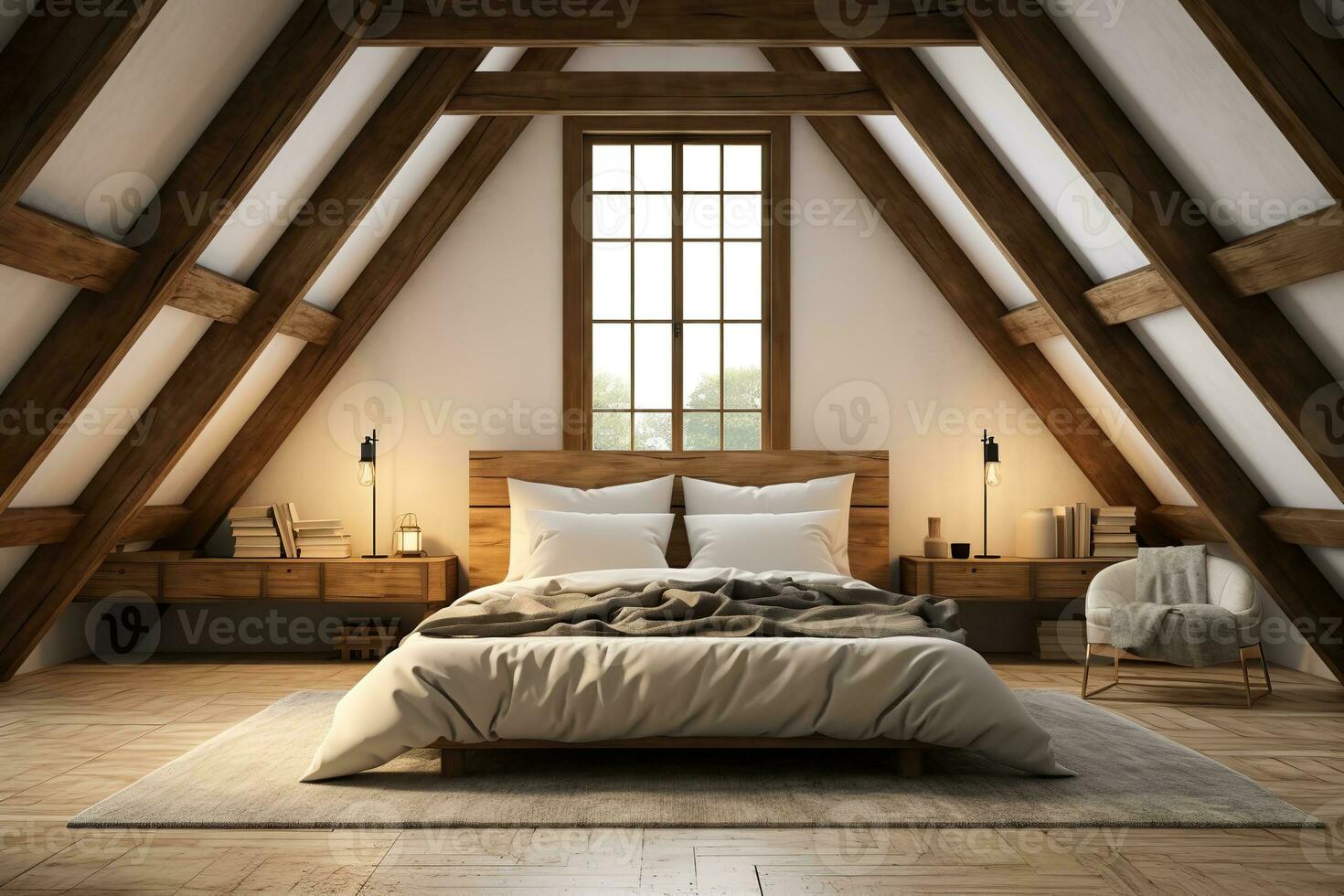 AI generated A charming bedroom with a bed, chair, and skylights, decorated in a rustic style. The bed is made with white linens and there is a quilt at the foot of the bed. photo