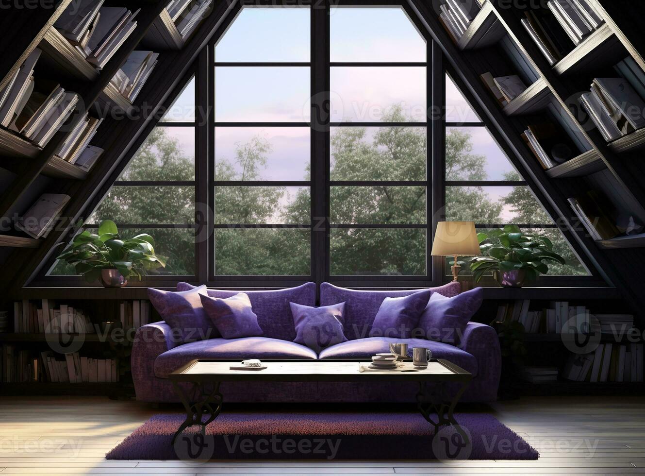 AI generated a modern living room with a purple sofa, a coffee table, and a bookshelf. The room has a large window with a view of trees and a purple rug. The bookshelf is built into the wall photo