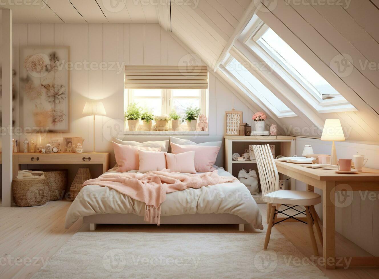 AI generated Modern bedroom with wooden bed, white dresser and mirror, large window overlooking garden, blue comforter and pillows, white walls, white rug, photo