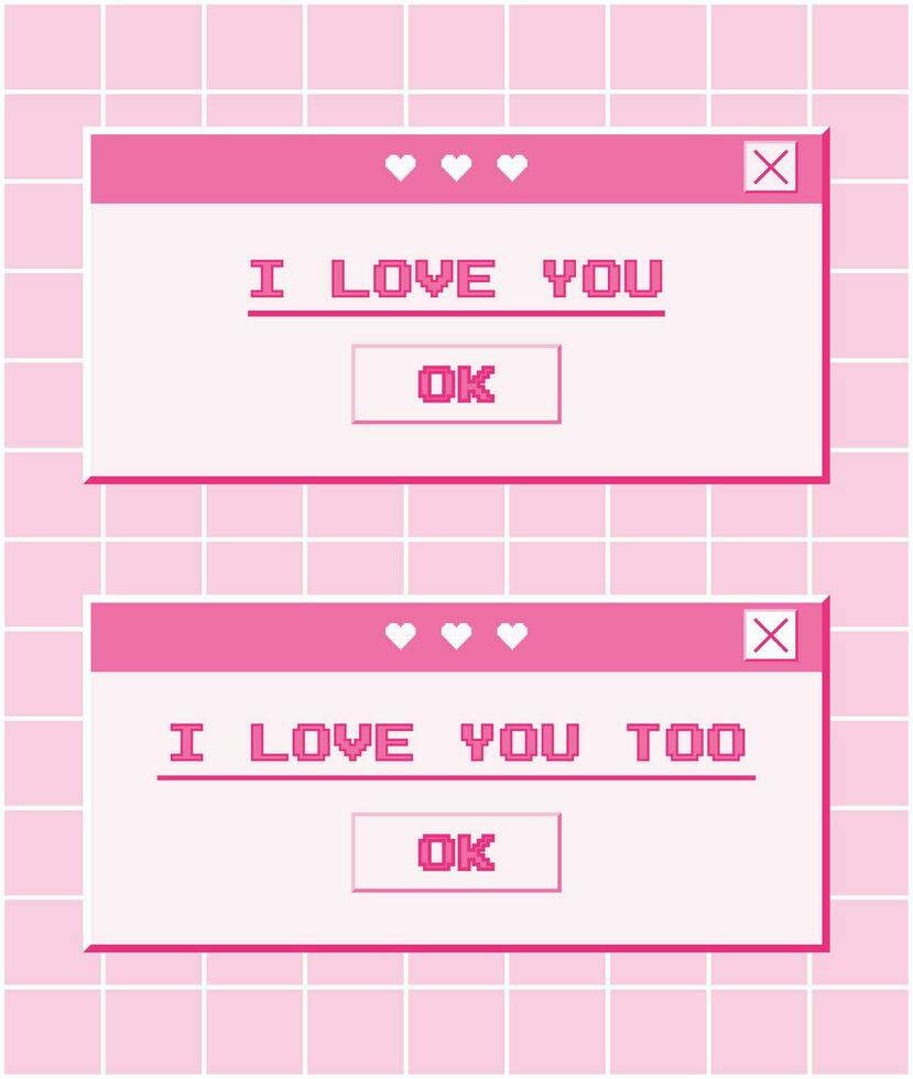 Windows with messages for Valentine's Day in the style of the 2000s. Old computer aesthetics vector