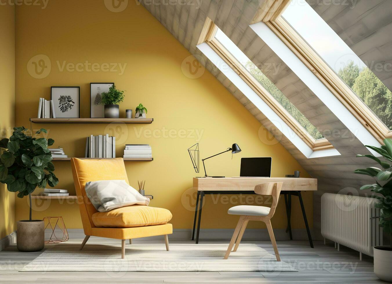 AI generated a 3D rendering of a modern home office with a yellow accent wall, wooden desk, and a mustard yellow armchair. The room has a sloped ceiling with two skylights and a large potted plant photo