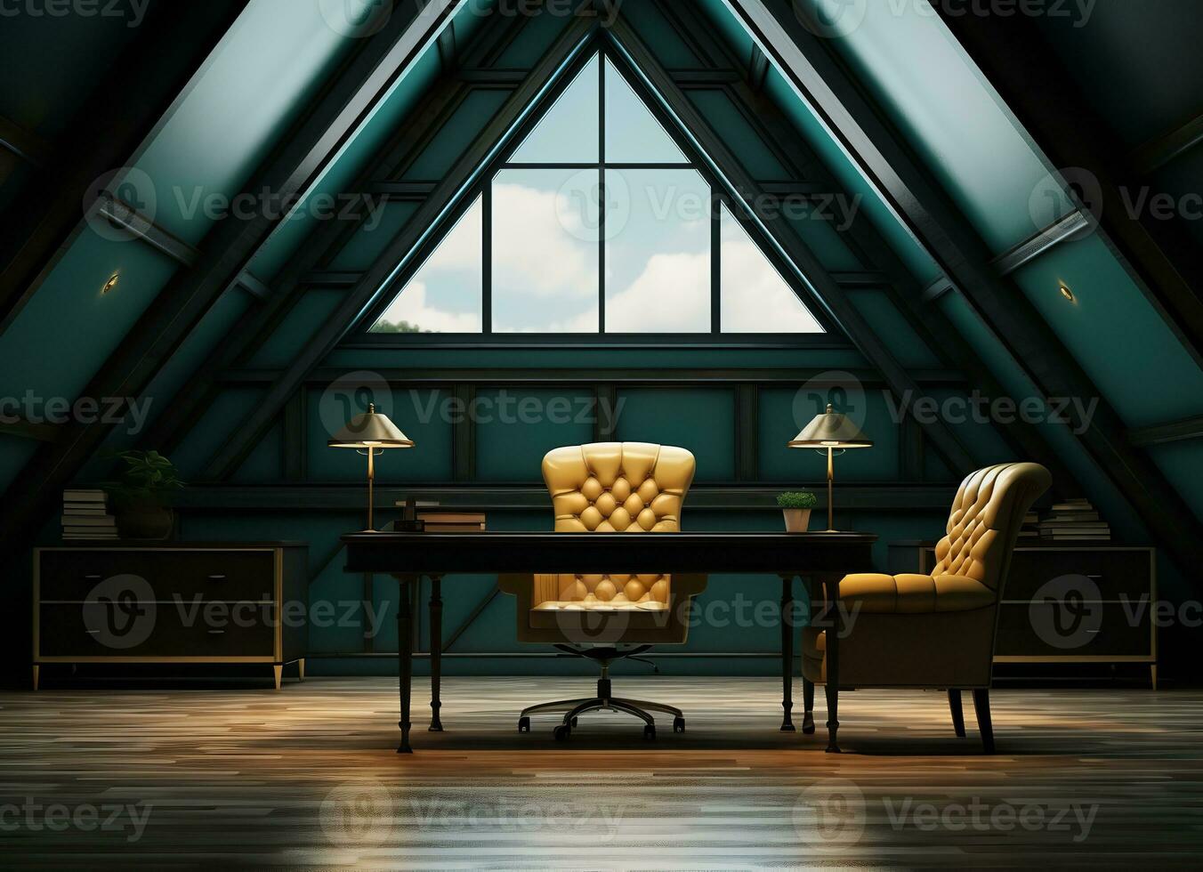 AI generated a luxurious home office with a wooden desk, a yellow leather armchair, and two lamps. The room has a high ceiling with a triangular window photo