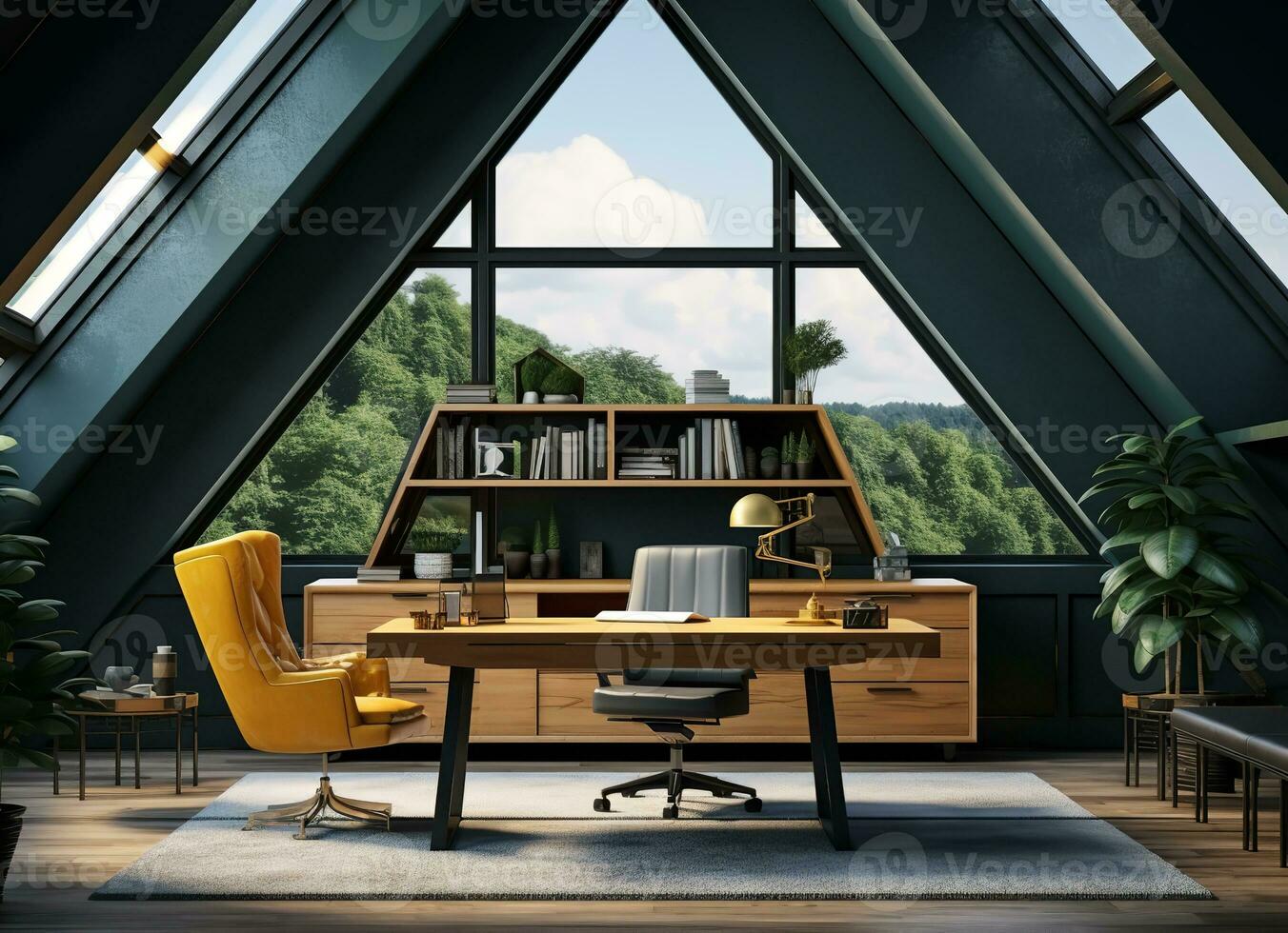 AI generated a modern home office features a desk, chair, bookshelf, and plants. The room has a triangular window with a view of trees and a city skyline. The color scheme is predominantly black photo