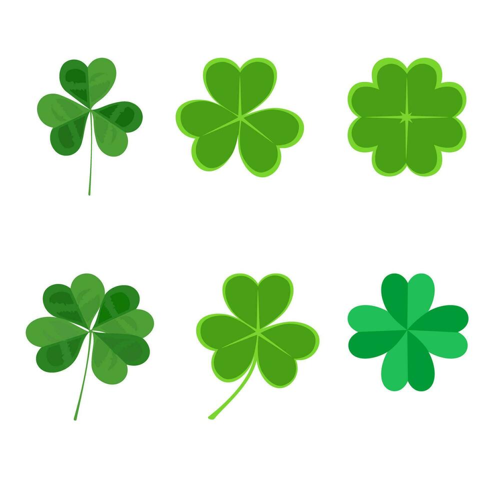 Happy St. Patrick's Day Vector symbols and green clover leaves isolated on a white background