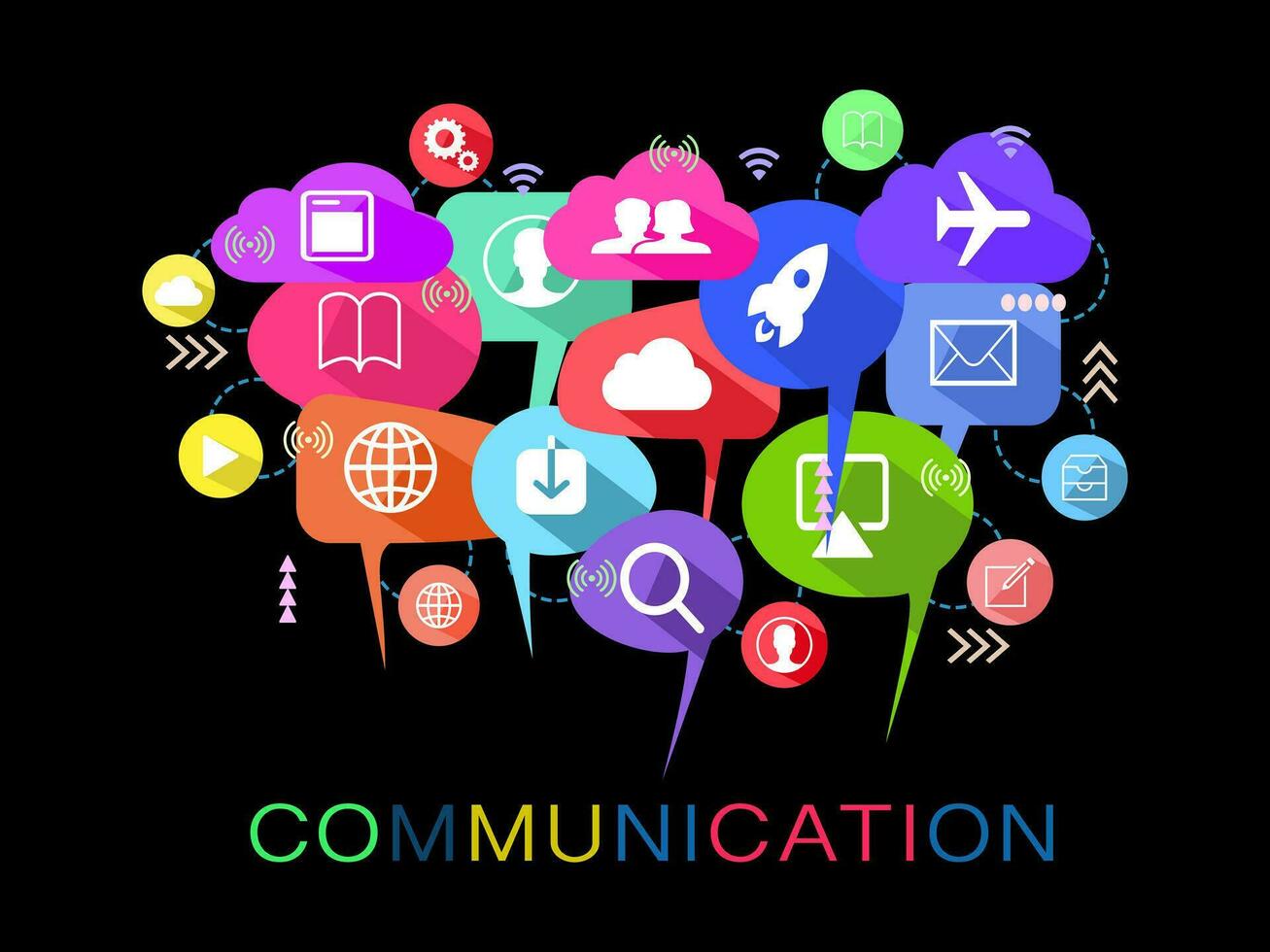 Vector communication concept.Communicating words with interactive speech bubbles on black background