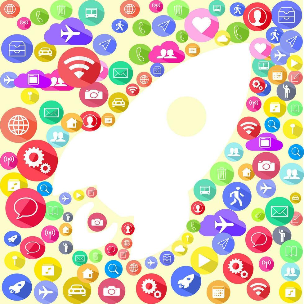 Multicolored social media icon texture with a rocket shape element background vector