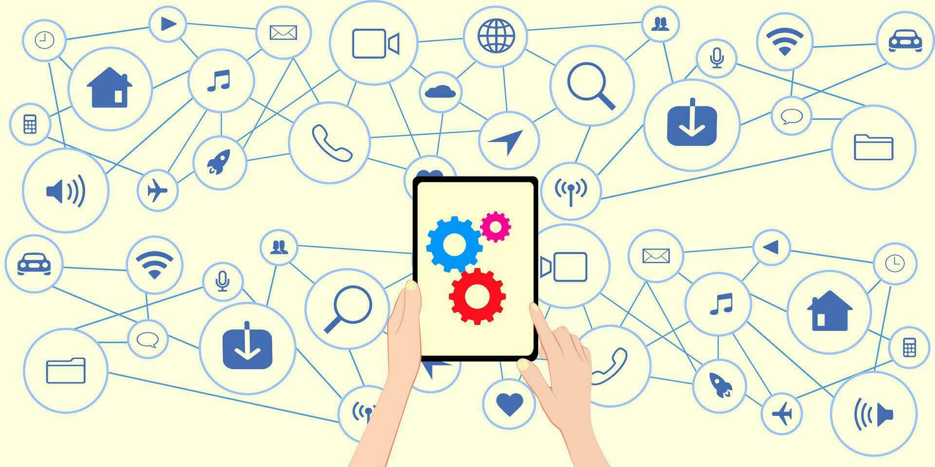 Hand and tablet communication such as email.telephone or internet vector