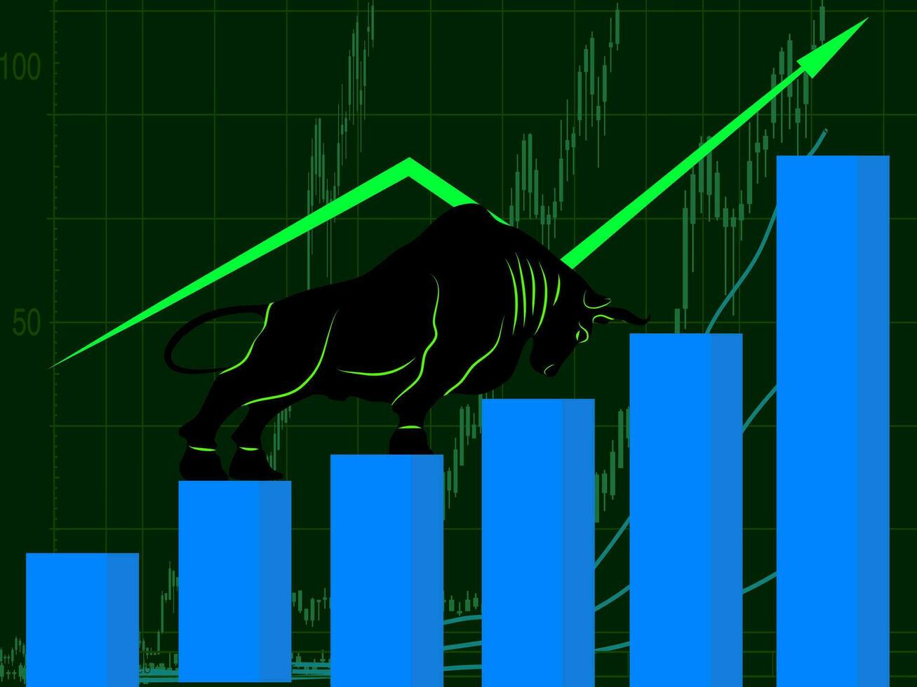 Bullish silhouette symbols on stock market vector illustration.The growing market
