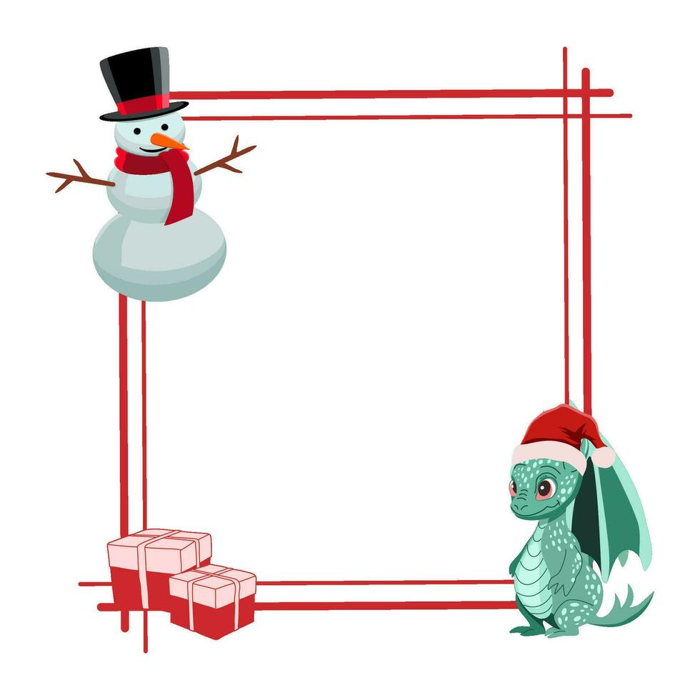 Holiday frame with cute dragon in Santa Claus hat and snowman with gift boxes. vector