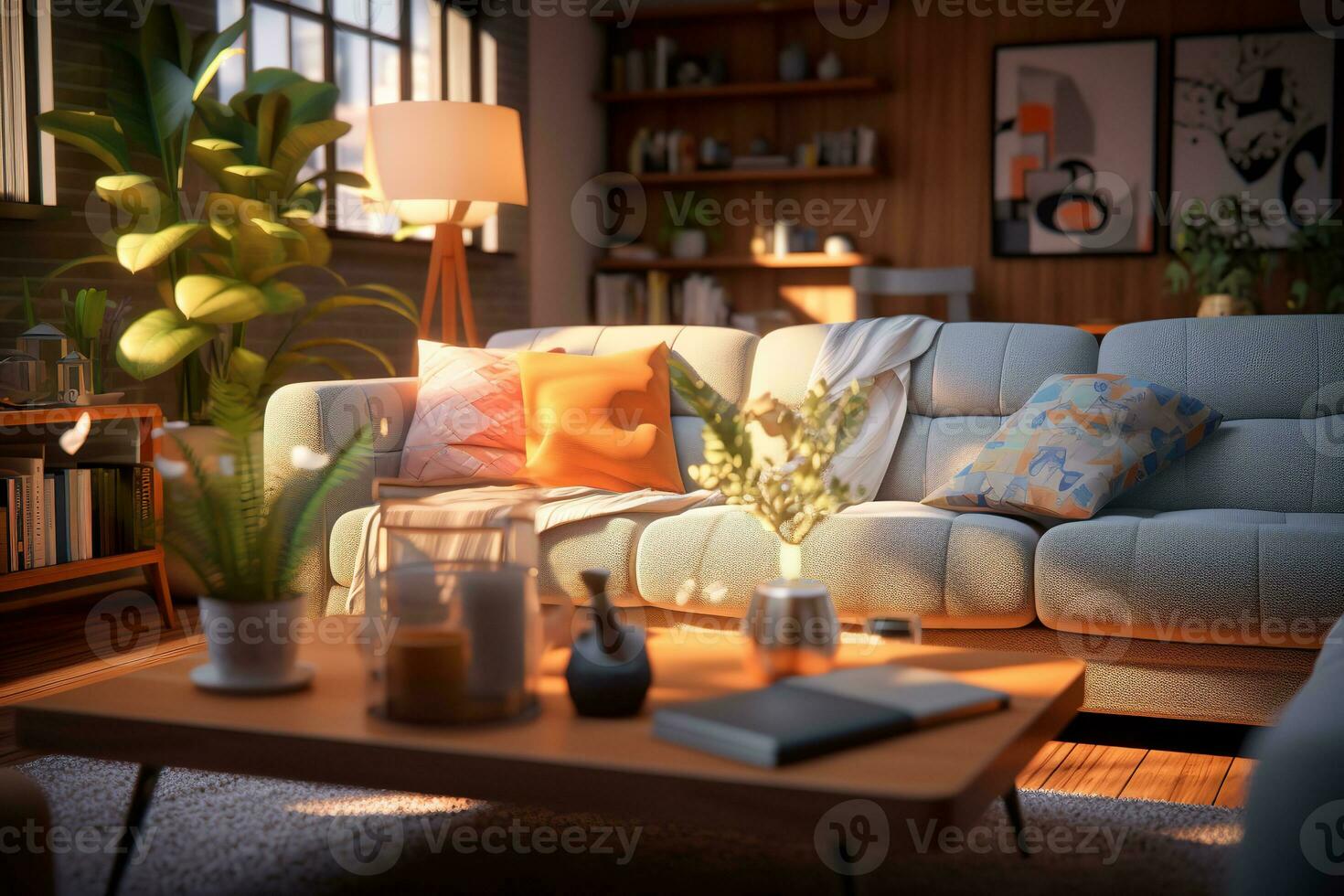 ai generating photo of cozy living room features a white couch, brown coffee table, and potted plants that add a touch of nature to the space.