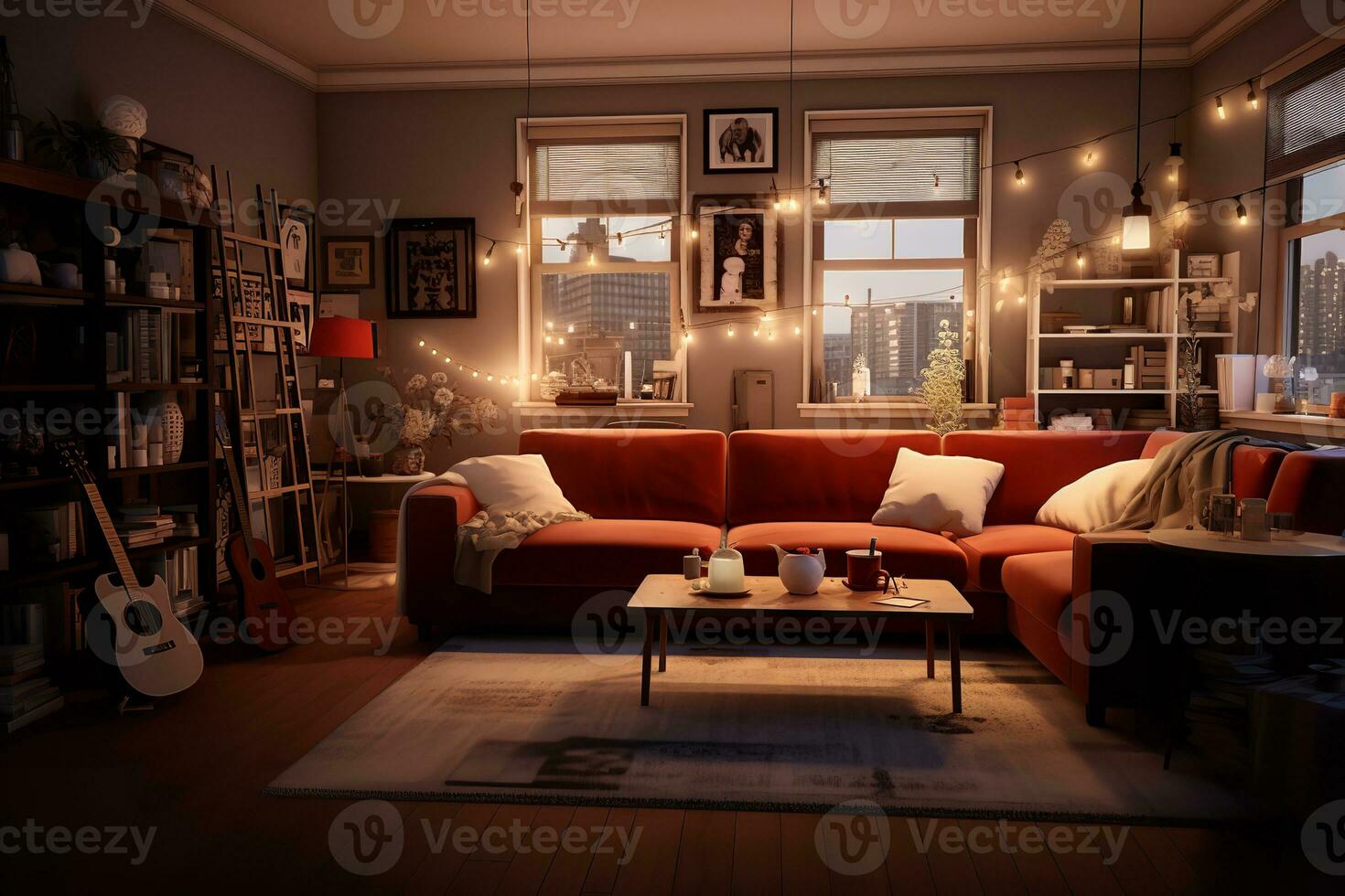 ai generating photo of elegant living room features a white couch, coffee table, and large window with stunning views of a big city
