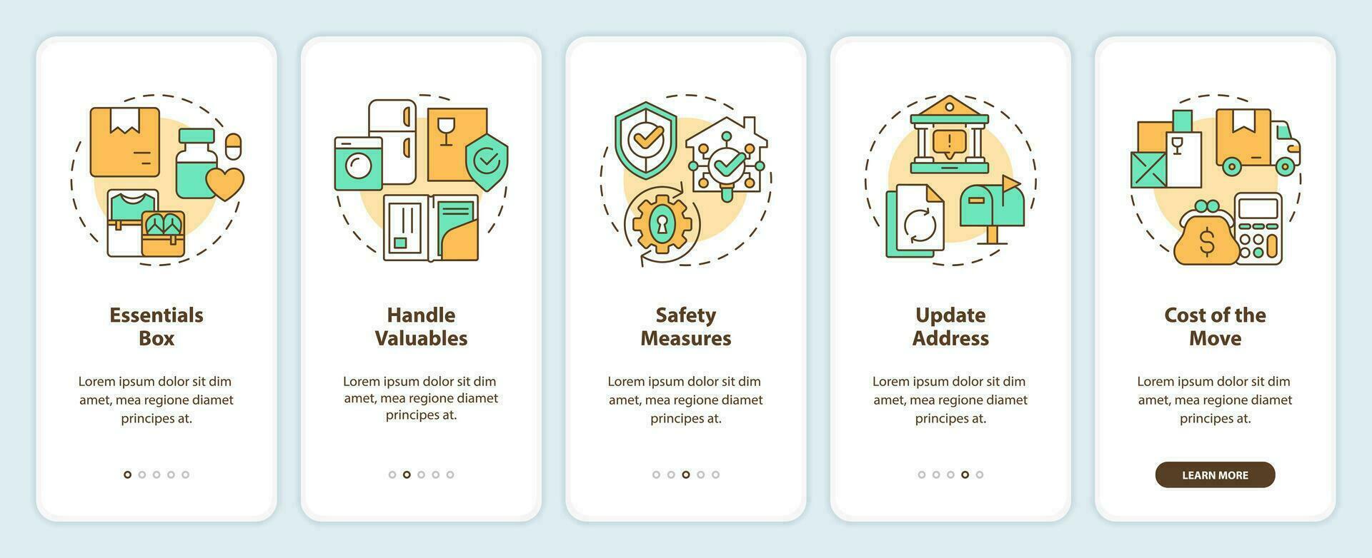 2d íconos representando Moviente Servicio móvil aplicación pantalla colocar. recorrido 5 5 pasos multicolor gráfico instrucciones con lineal íconos concepto, ui, ux, gui modelo. vector