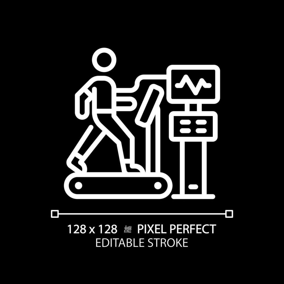 Stress test pixel perfect white linear icon for dark theme. Cardiac health. Cardiovascular exercise. Medical assessment. Thin line illustration. Isolated symbol for night mode. Editable stroke vector