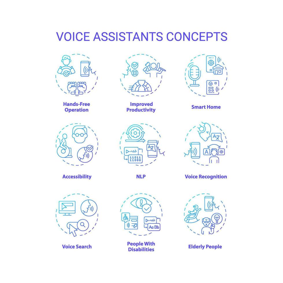 2D gradient icons set representing voice assistants concepts, isolated vector, thin line blue illustration. vector