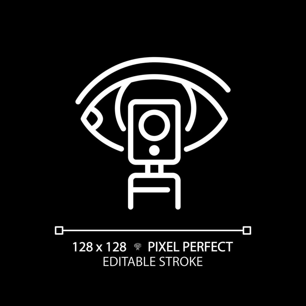 Ophthalmoscope pixel perfect white linear icon for dark theme. Eye examination. Retina scan. Vision health. Test equipment. Thin line illustration. Isolated symbol for night mode. Editable stroke vector