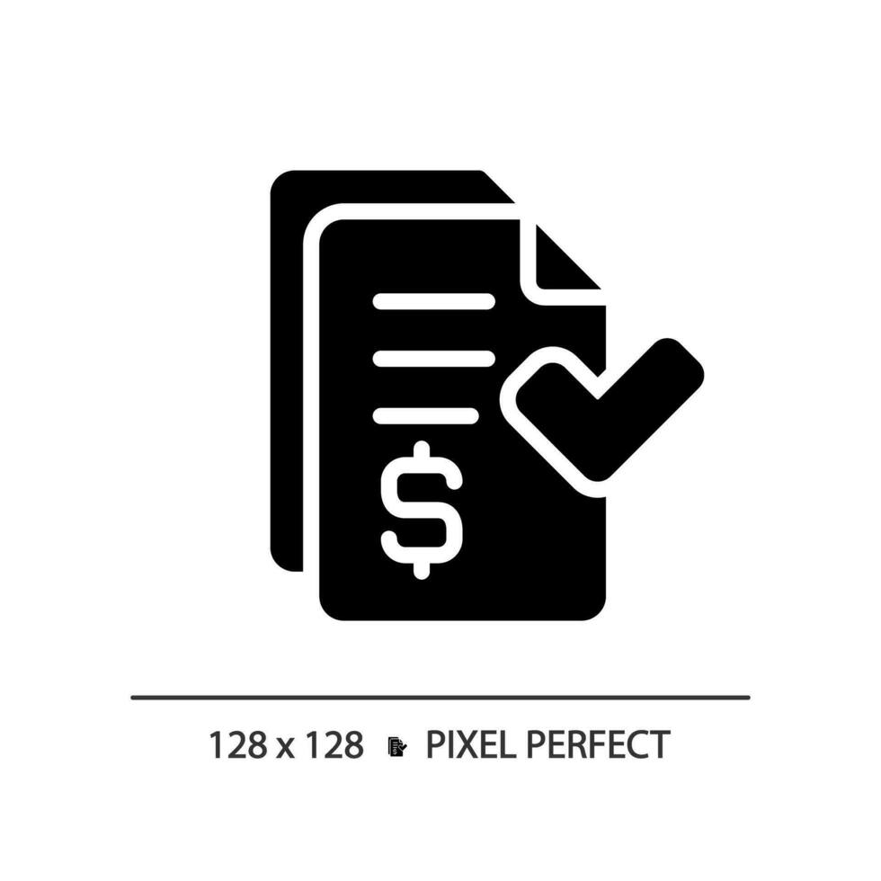 2D pixel perfect glyph style invoice icon, isolated vector, silhouette document illustration vector