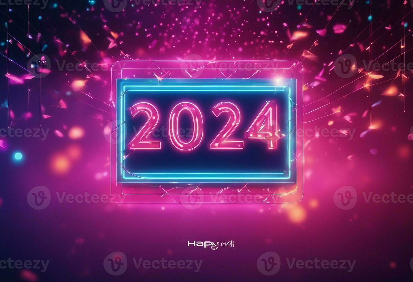 AI generated Happy New Year 2024 is written on banner box with a neon background. photo