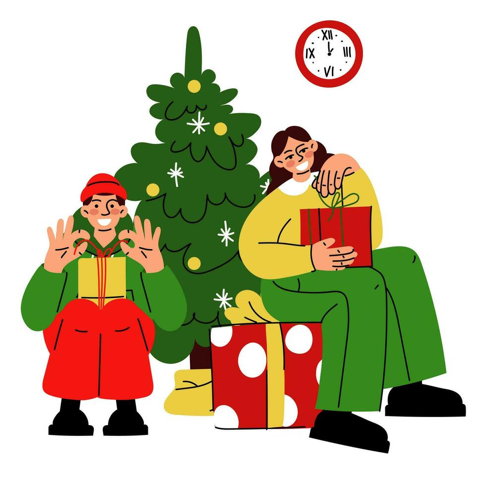 un Navidad ilustración en cuales un chico y un niña abierto un regalo cerca un Navidad árbol. es hora a dar regalos. desempacar un regalo. vector. regalos y sorpresas alegre Navidad y contento nuevo año vector