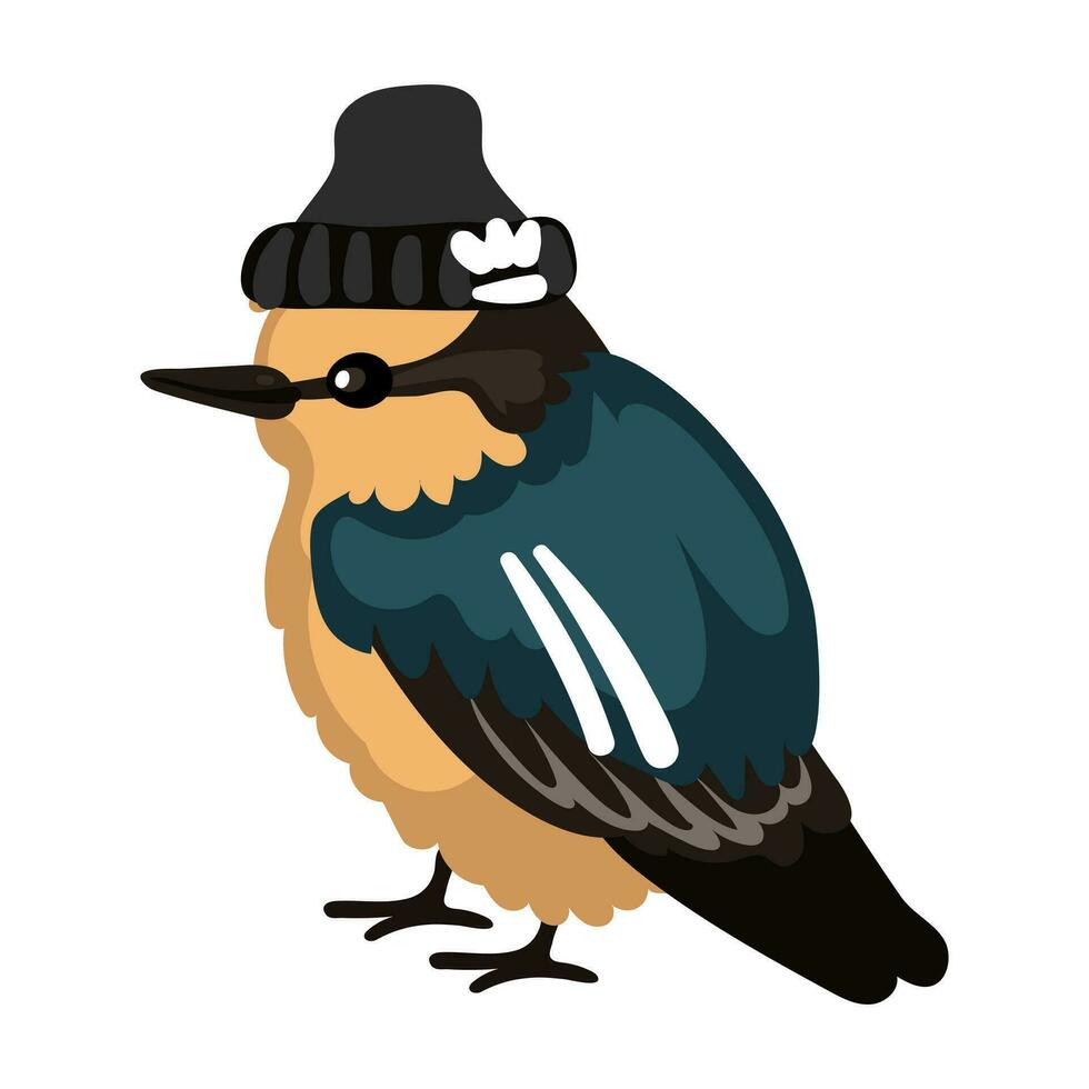 A cute sparrow in a sports uniform. Funny cartoon illustration of a small bird. Urban bird on the sport, hat, sports patches on the wings. The thunderstorm of the area, a dangerous bird, a thief vector