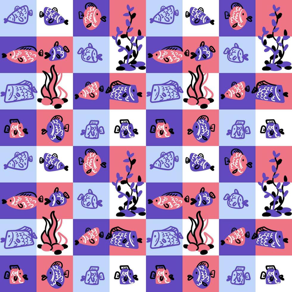 Seamless seafood pattern in doodle style. A geometric poster with an underwater world. Fish, algae in futuristic minimalistic forms. Square colored repeating ornament. Delicate shades vector