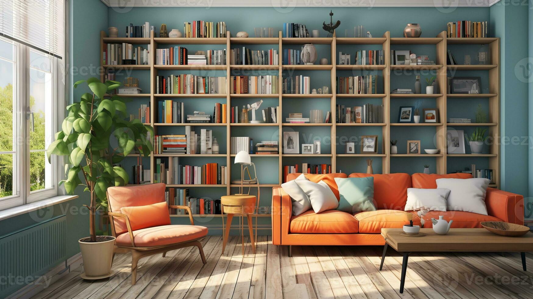 Ai Generated living room with orange couch, area rug, and large windows. The orange couch is the focal point of the room, and the coffee table and area rug add a touch of warmth and style. photo