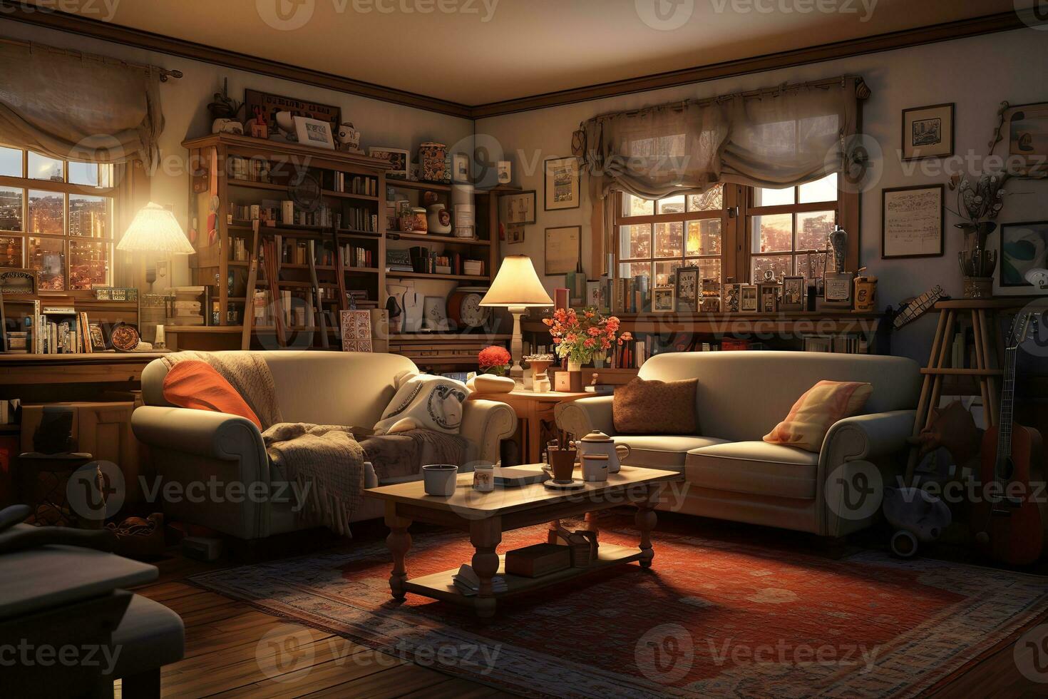 ai generating photo of Scandinavian-inspired living room features a white couch, wooden coffee table, and sheepskin rug, creating a warm and cozy space