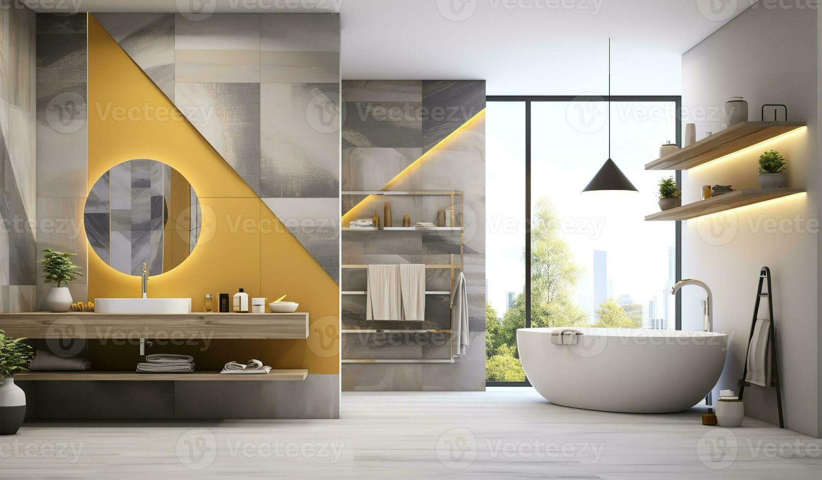 Ai Generated Luxurious bathroom with a freestanding white bathtub, double black sinks on a black marble countertop, and a walk-in shower with a glass door and black rain showerhead. photo