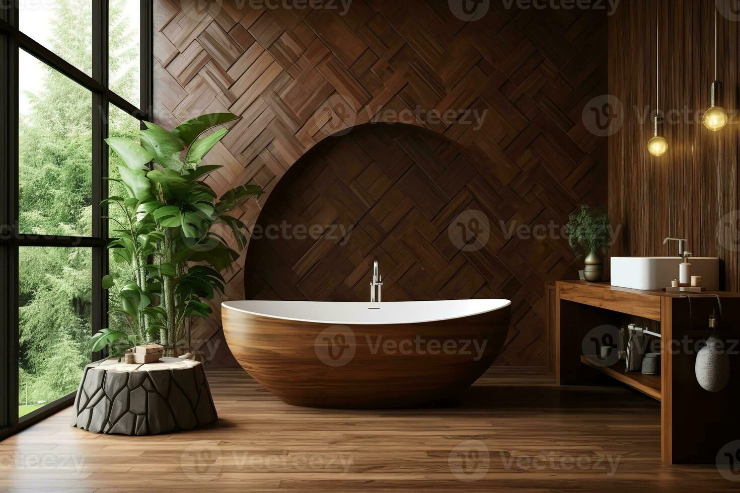 Opulent bathroom with a freestanding white bathtub, double black sinks on a black marble countertop, and a walk-in shower with a glass door photo