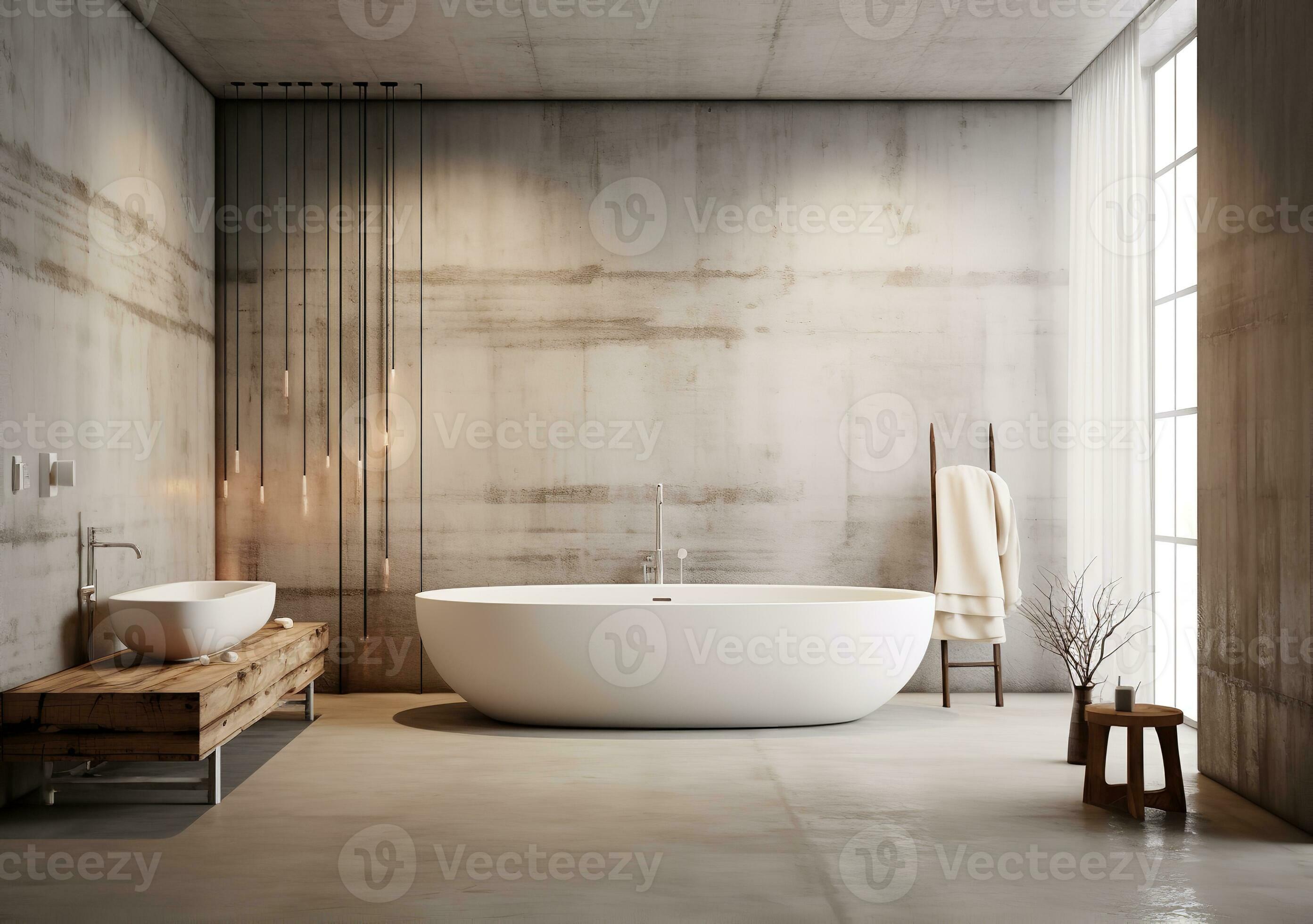 Ai generated bathroom with a freestanding soaking tub, glass-enclosed  shower, and floating vanity with double sinks. The bathroom has white tile  walls and floors, with a large window 35173114 Stock Photo at