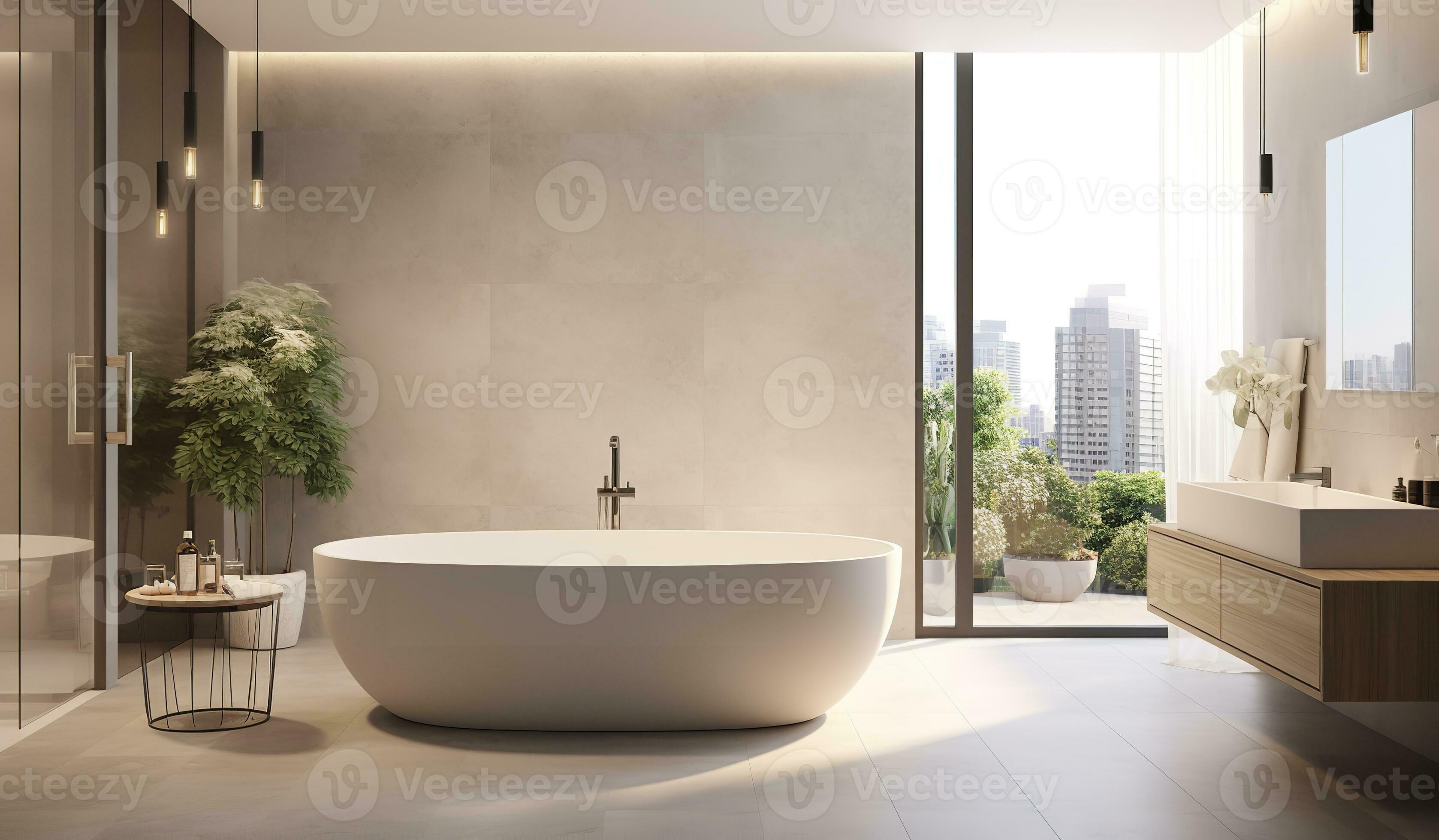 Ai Generated Stunning modern bathroom with a freestanding white bathtub