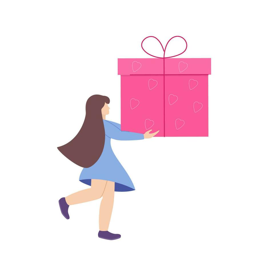 Woman holding a gift. Concept of a holiday, gift, love, care, support, donations. Vector illustration.