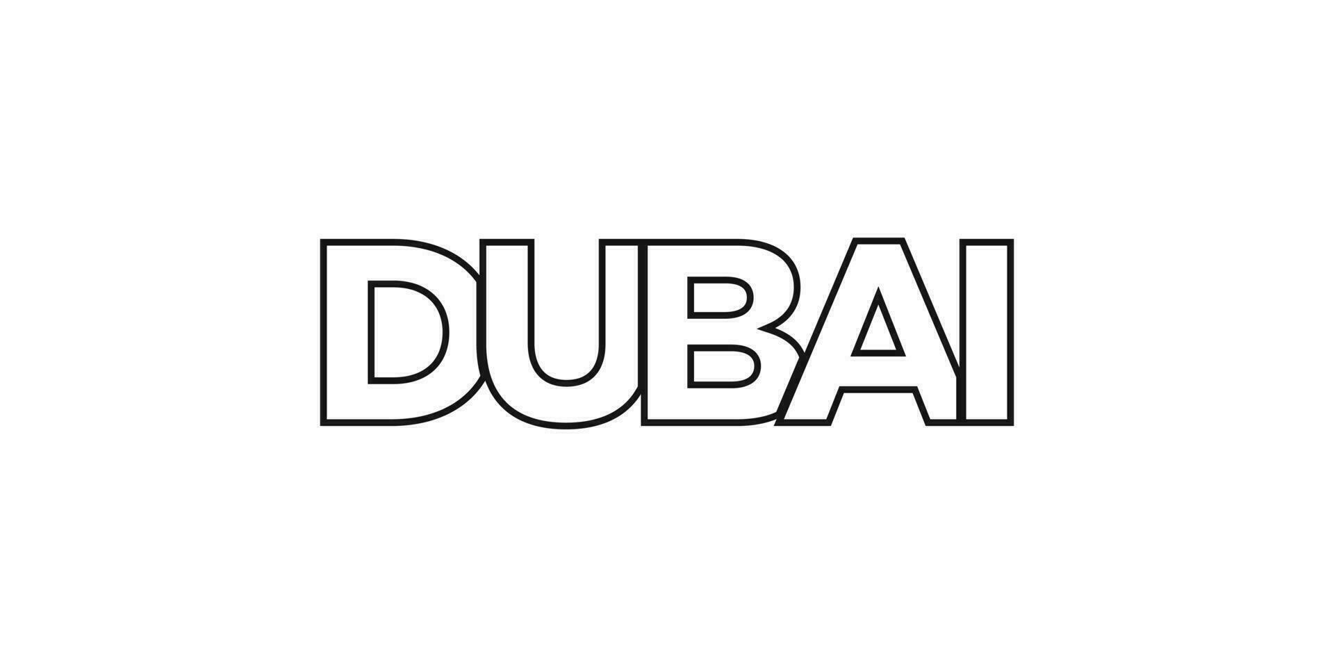 Dubai in the United Arab Emirates emblem. The design features a geometric style, vector illustration with bold typography in a modern font. The graphic slogan lettering.