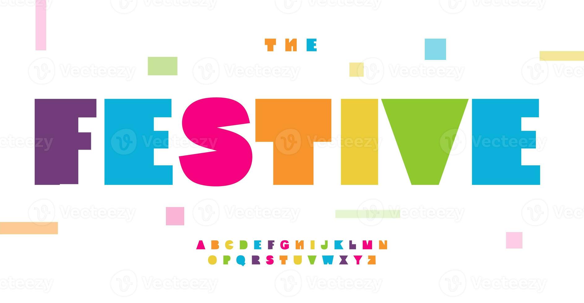 Festive font, bright squared letters with heavy primitive shapes. Cheerful fat alphabet for vibrant typography, logo, headline of art poster and banner. Vector typeset photo