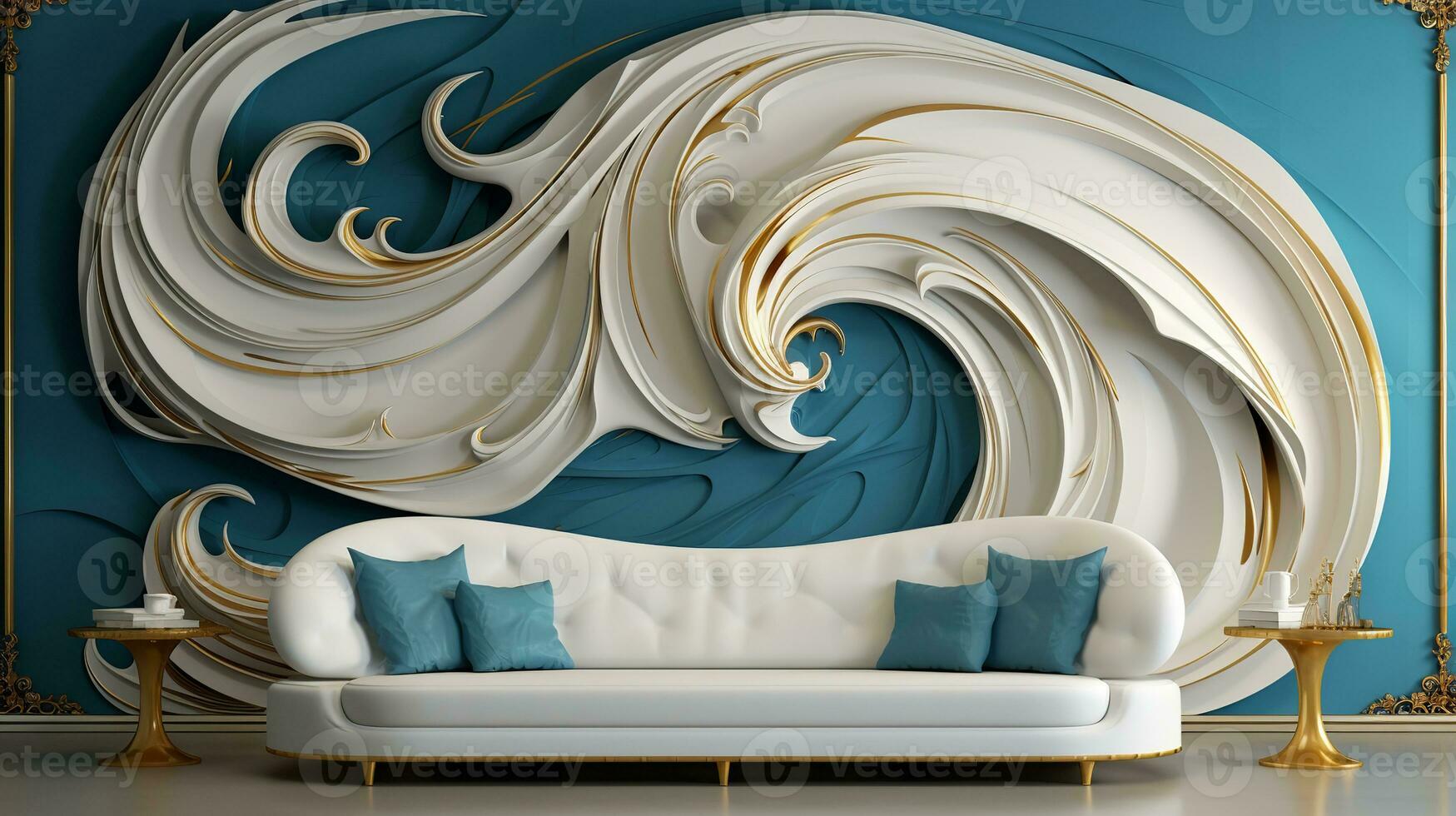 ai generating photo of Bright and airy living room with a white couch, blue pillows, and a large wave painting on a blue wall. The couch is topped with plush pillows in shades of white and blue