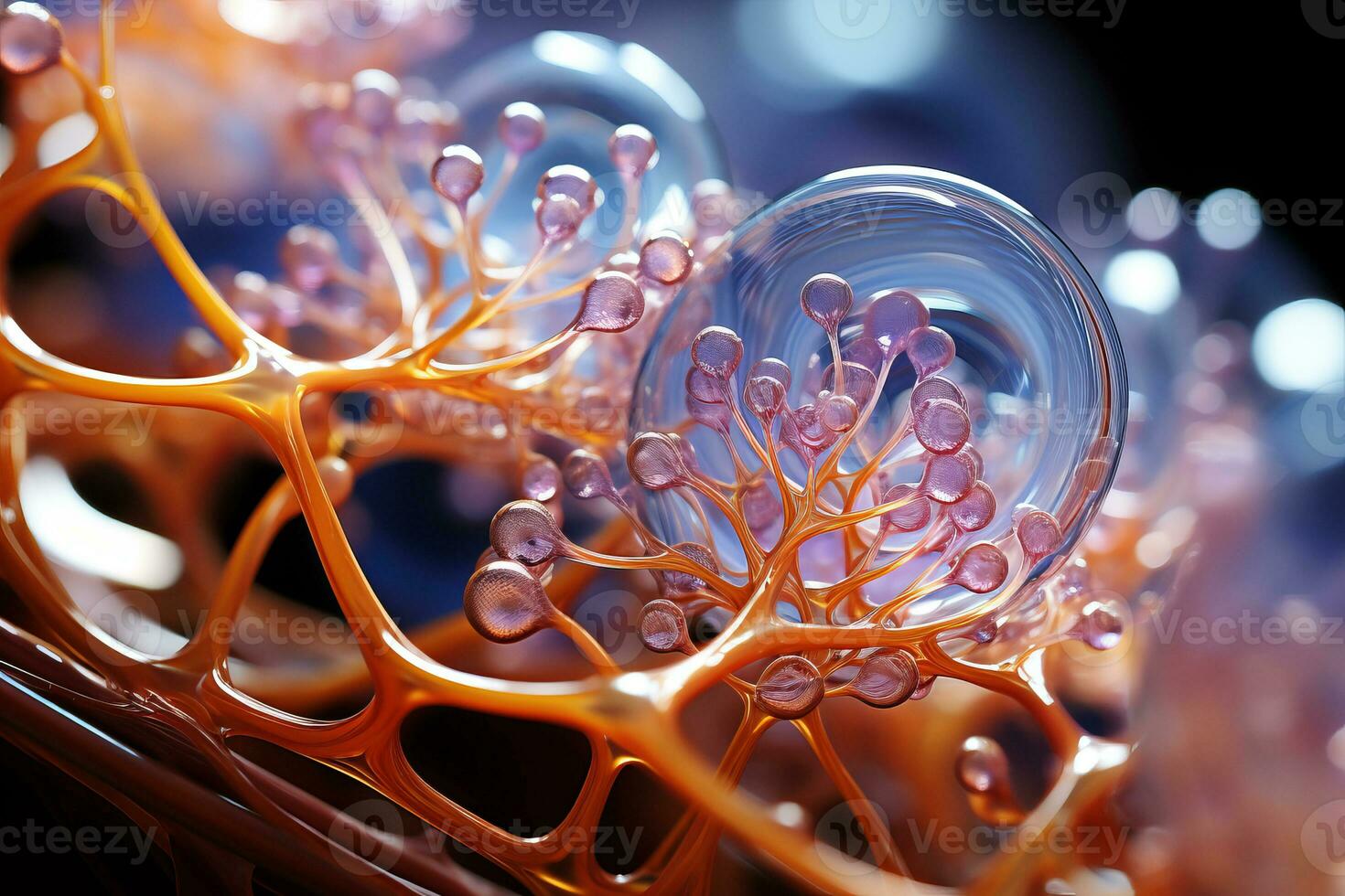 AI generated In this close examination, proteins are seen as tiny interconnected orbs tethered by fine amino acid filaments. photo