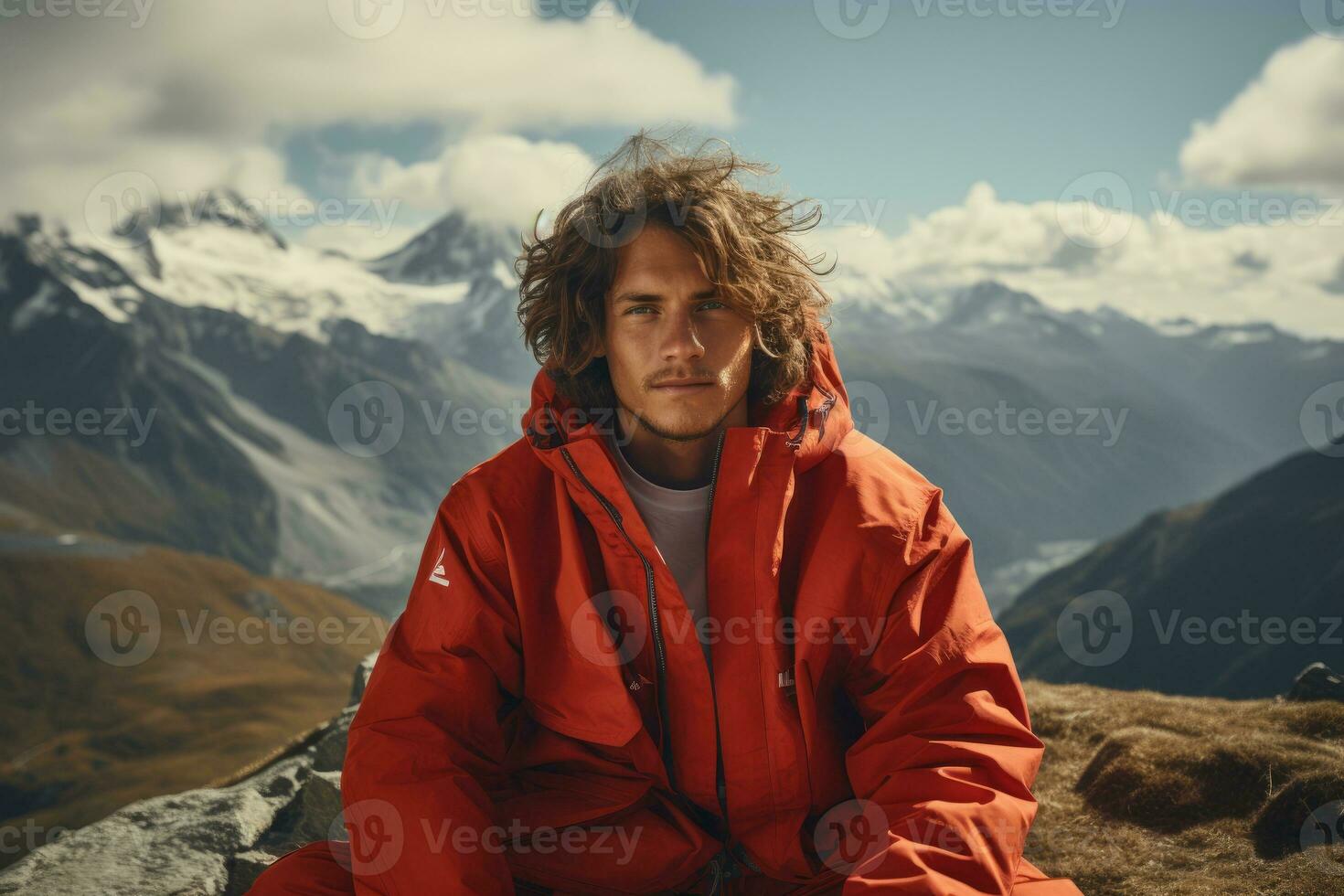 AI generated A young man in a red jacket against a background of mountains. photo