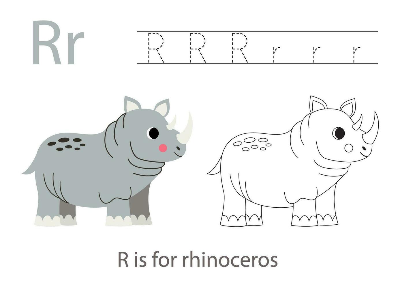 Tracing alphabet letters with cute animals. Color cute rhinoceros. Trace letter R. vector