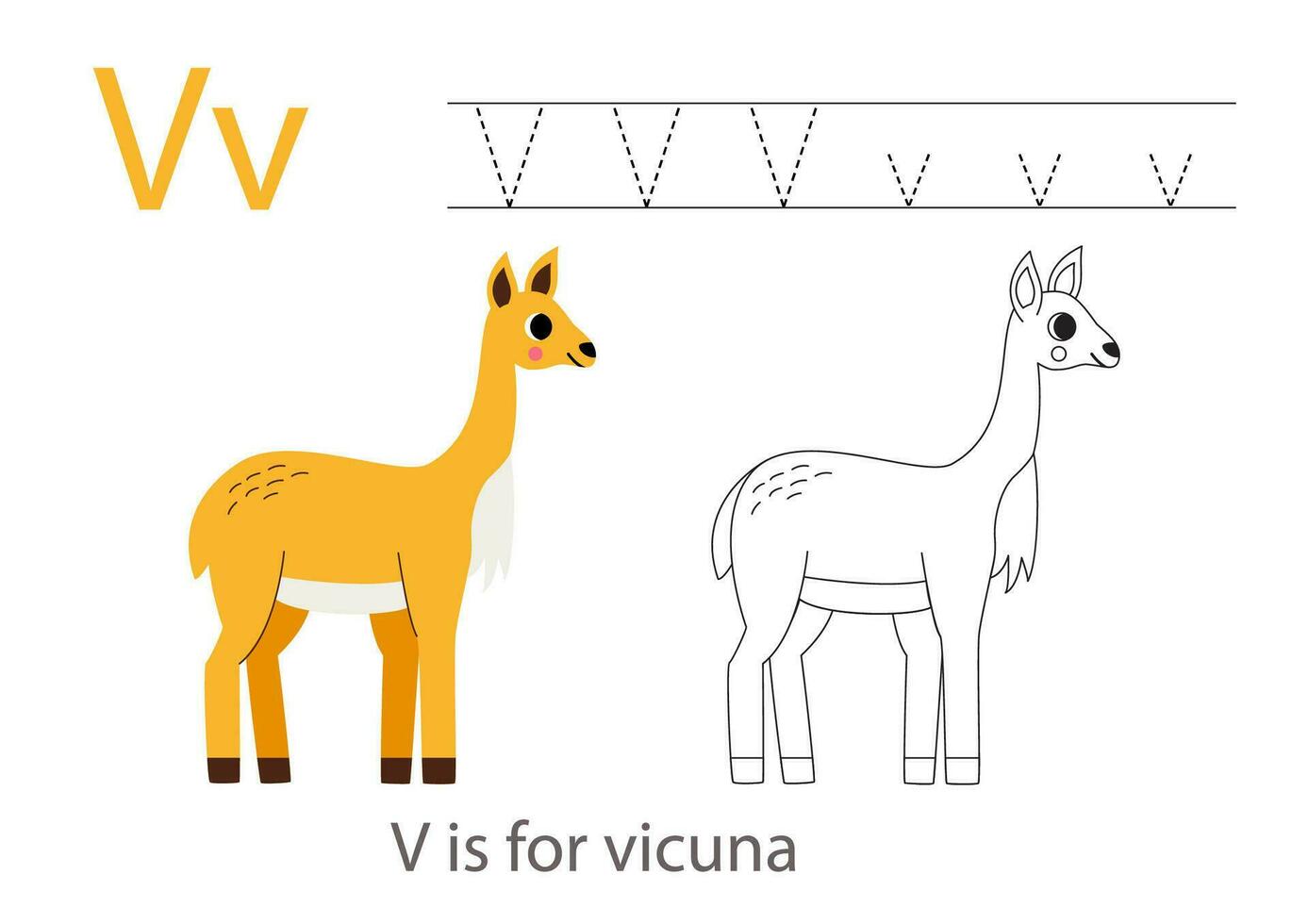 Tracing alphabet letters with cute animals. Color cute vicuna. Trace letter V. vector