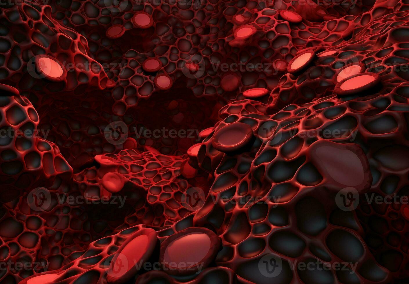 AI generated Ruby-hued cells circulating within the human system. An excess of blood cells. Drifting unbound. Inside the human structure. Life biology, microbial analysis, internal anatomy. photo