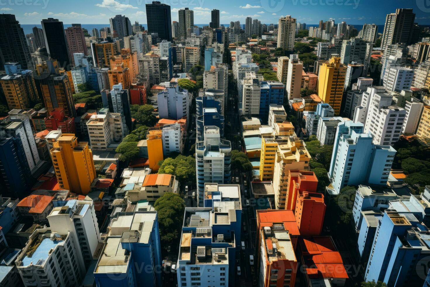 AI generated Bird's-eye perspective capturing the cityscape from above. Conceptualization of the real estate and corporate building industry photo