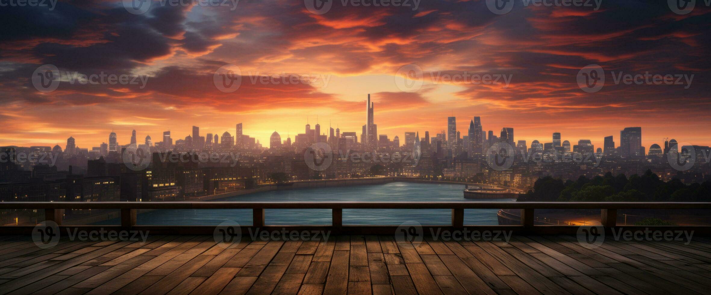 AI generated Urban Scene and an Unoccupied Wooden Deck A cityscape captured alongside an unused wooden deck, offering a scenic view. photo