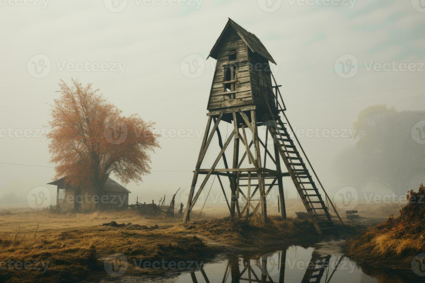 AI generated Old wooden tower with stairs in the fog near the lake photo