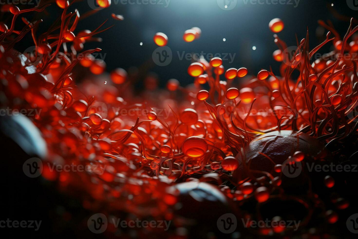AI generated Carmine blood entities within the human structure. Numerous blood cells. Drifting unattached. Inside the human system. Biological research, microbial study, internal composition. photo
