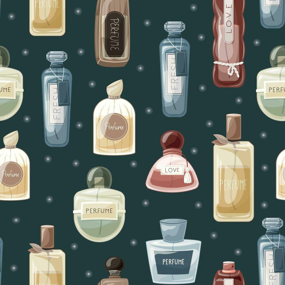 Glass elegant bottle of fragrant perfume. Vector seamless pattern, cartoon eau de parfum.