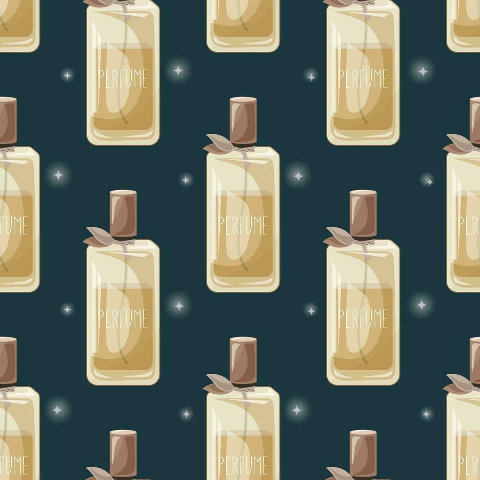 Glass elegant bottle of fragrant perfume. Vector seamless pattern, cartoon eau de parfum.
