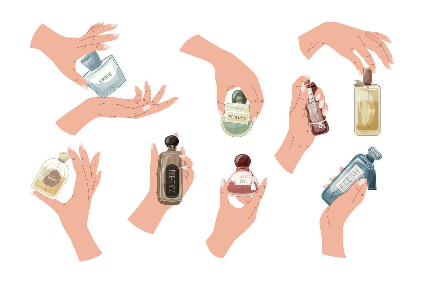 Elegant female hands with manicure holding a bottle of perfume. Set of vector isolated cartoon illustrations, aromatic perfumed water.