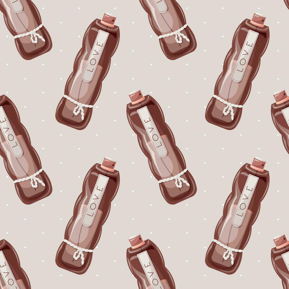Glass elegant bottle of fragrant perfume. Vector seamless pattern, cartoon eau de parfum.