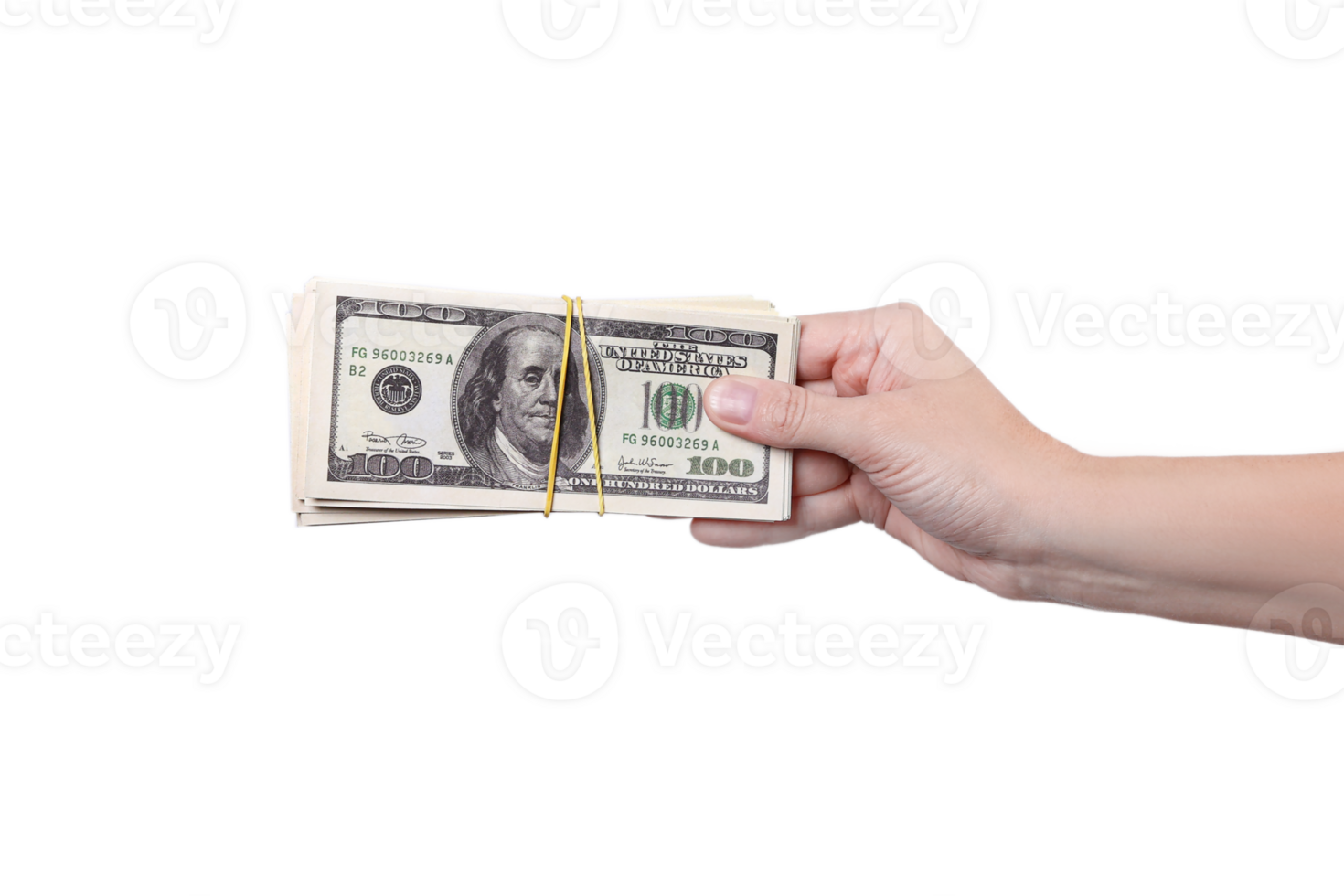 Hand gives stack of money on the right . Money in a hand isolated on transparent background png