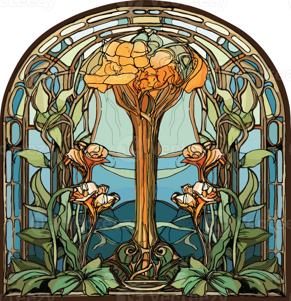 Art nouveau style stained glass floral window, orange and white lillies with vines png