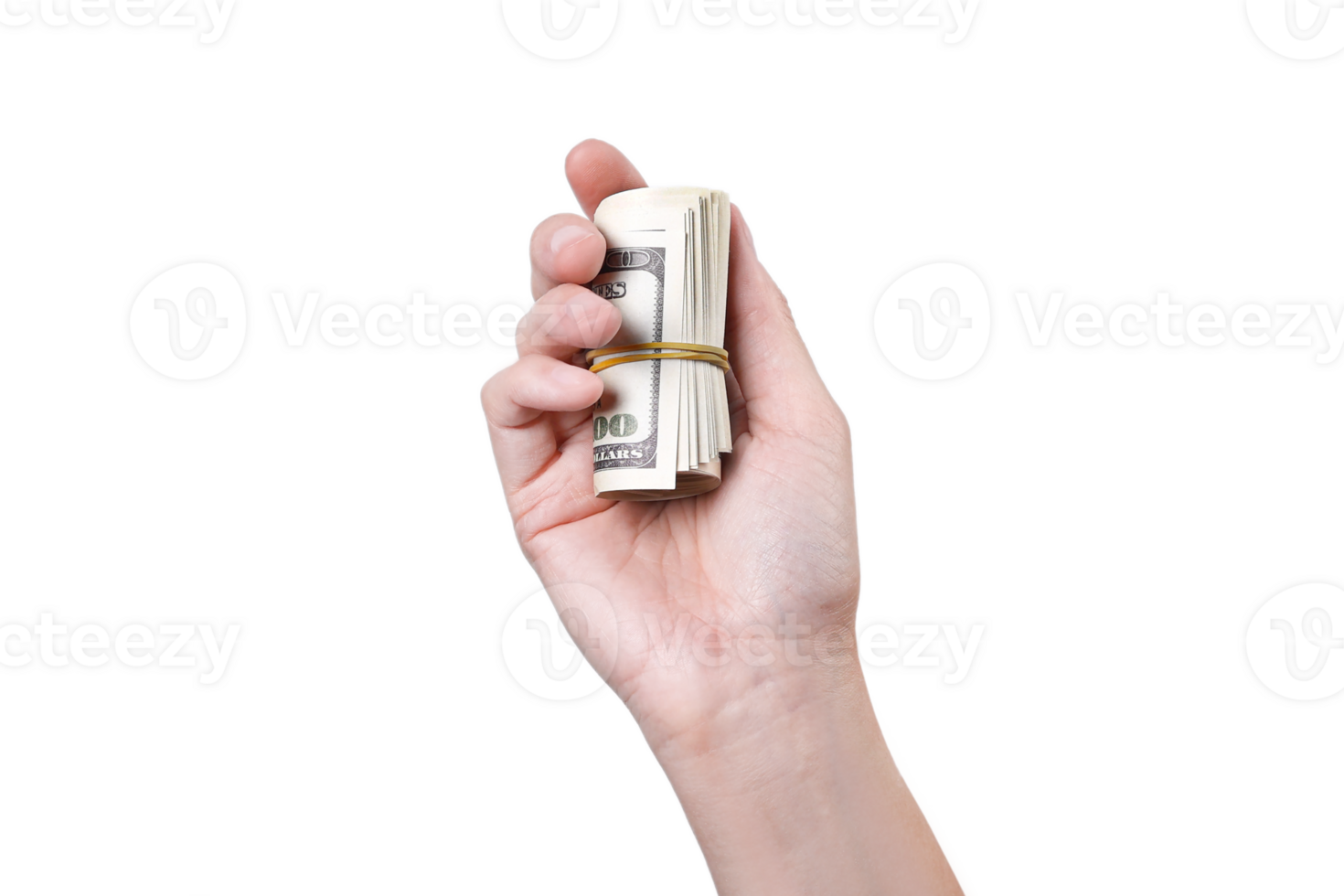 Woman's hand holding rolled up money transparent background png